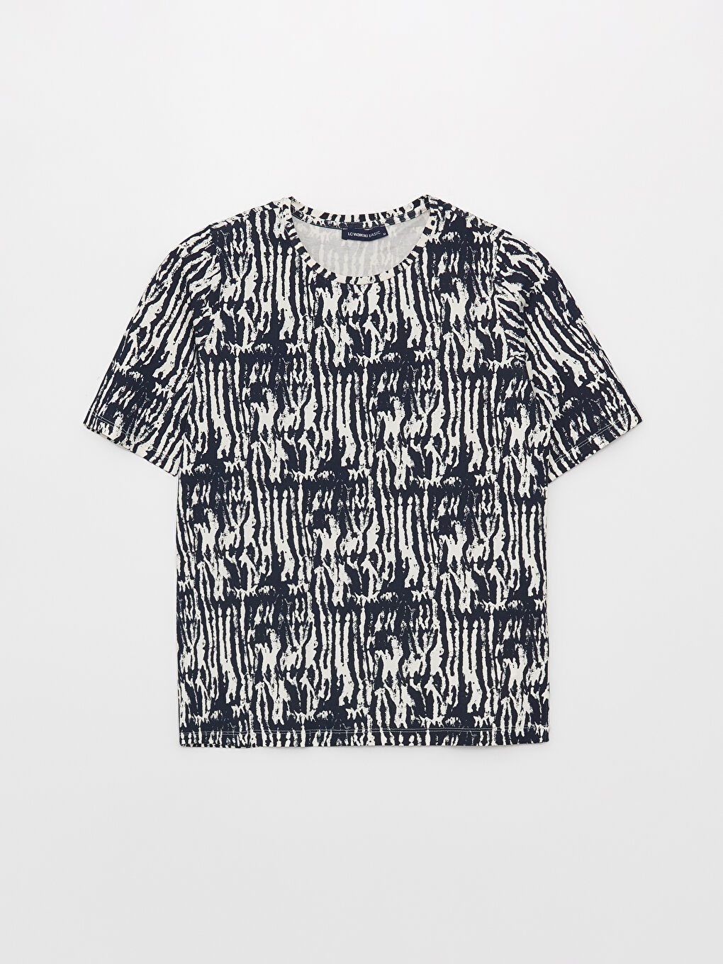 Lacivert Bisiklet Yaka Desenli Kısa Kollu Kadın Tişört-5