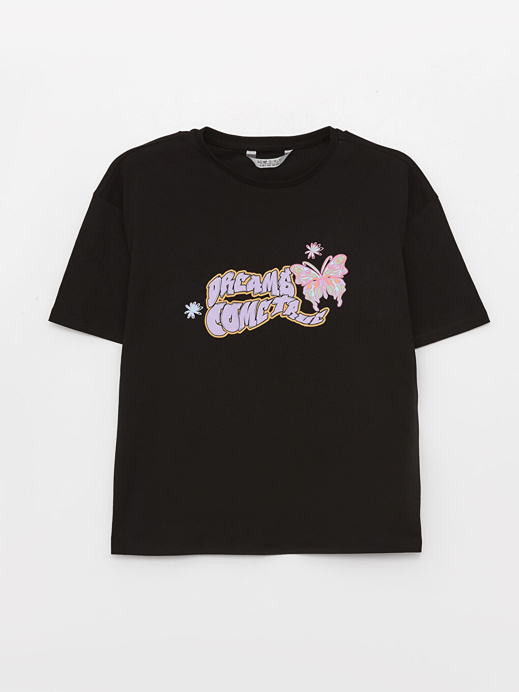 Siyah Bisiklet Yaka Baskılı Kısa Kollu Kız Çocuk Tişört