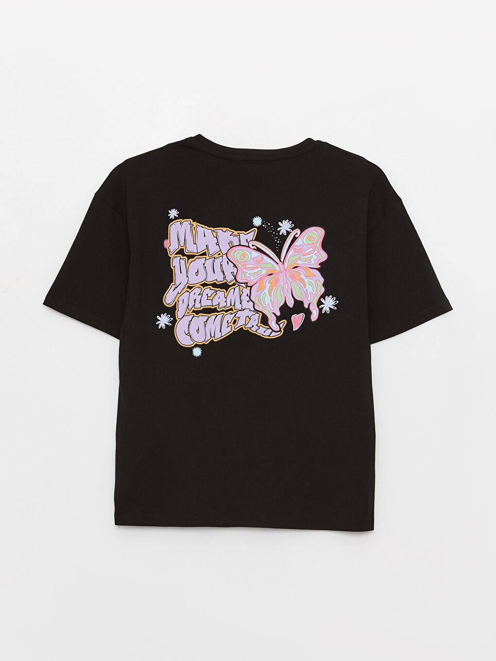 Siyah Bisiklet Yaka Baskılı Kısa Kollu Kız Çocuk Tişört-1
