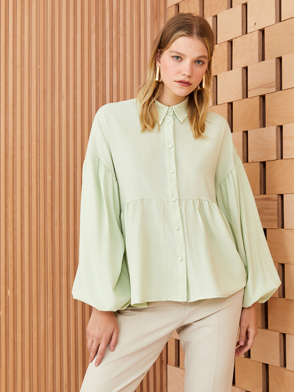 Yeşil Düz Uzun Kollu Oversize Kadın Gömlek-1