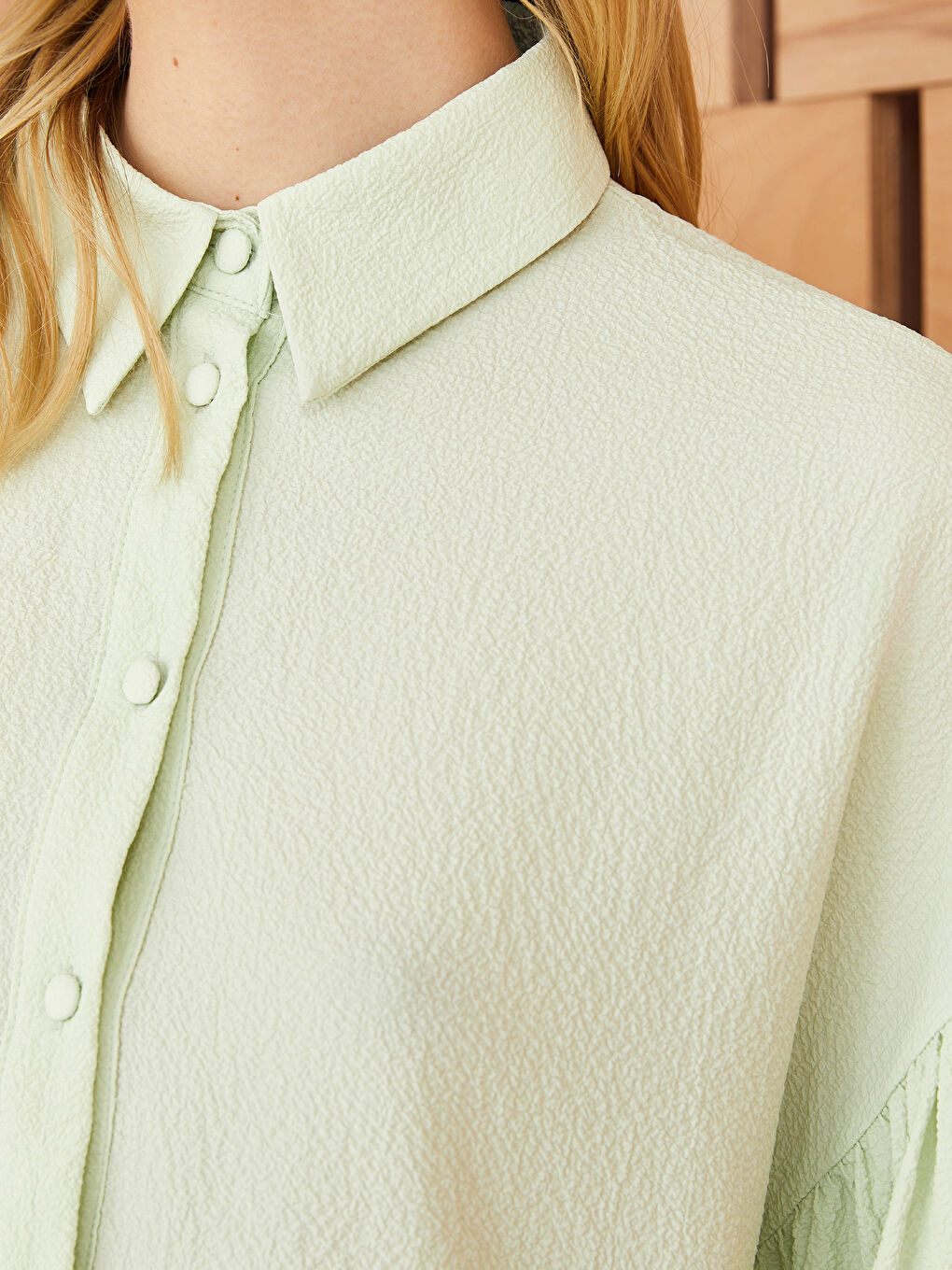 Yeşil Düz Uzun Kollu Oversize Kadın Gömlek-3