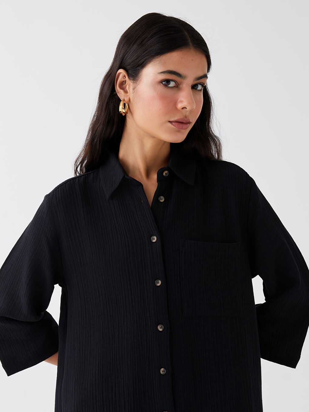 Siyah Düz Müslin Kadın Gömlek Elbise-2