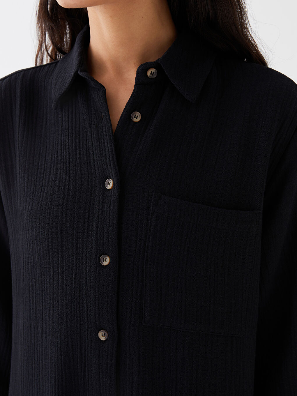 Siyah Düz Müslin Kadın Gömlek Elbise-3