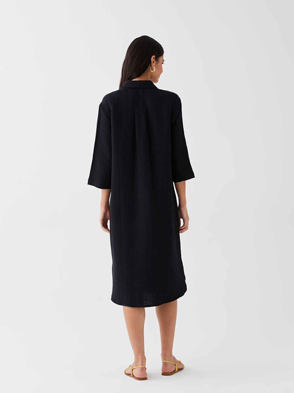 Siyah Düz Müslin Kadın Gömlek Elbise-4