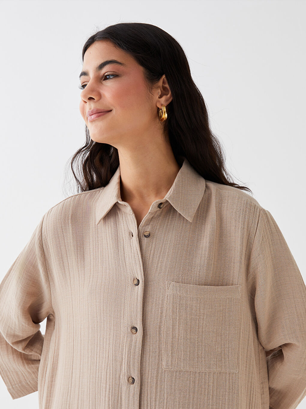 Bej Düz Müslin Kadın Gömlek Elbise-2