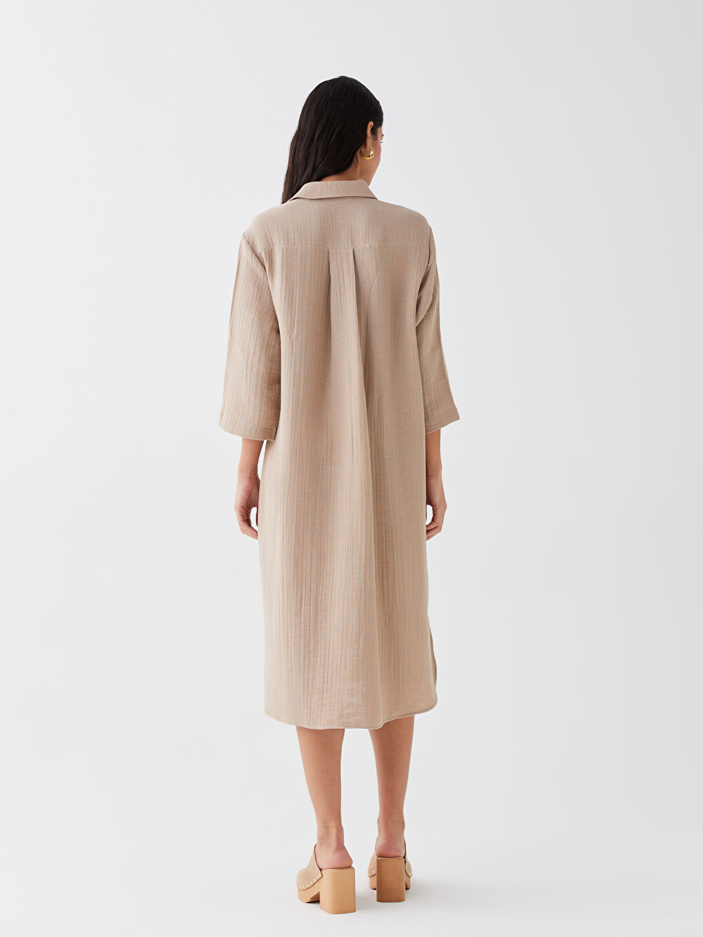 Bej Düz Müslin Kadın Gömlek Elbise-4