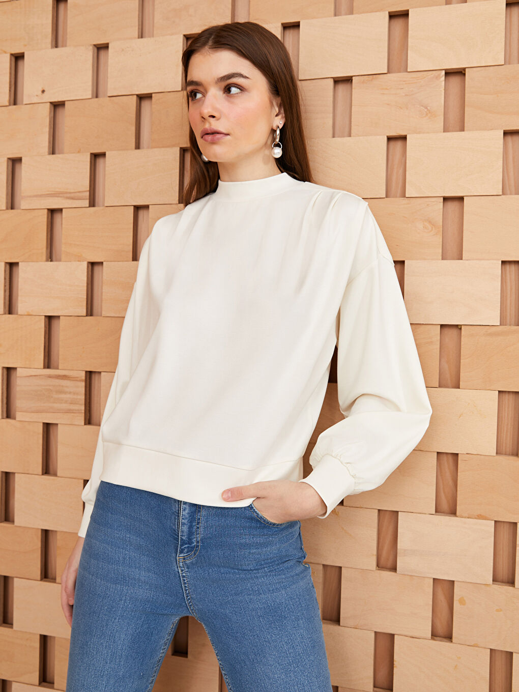 Funnel Neck Plain Long Sleeve Women's Tunic