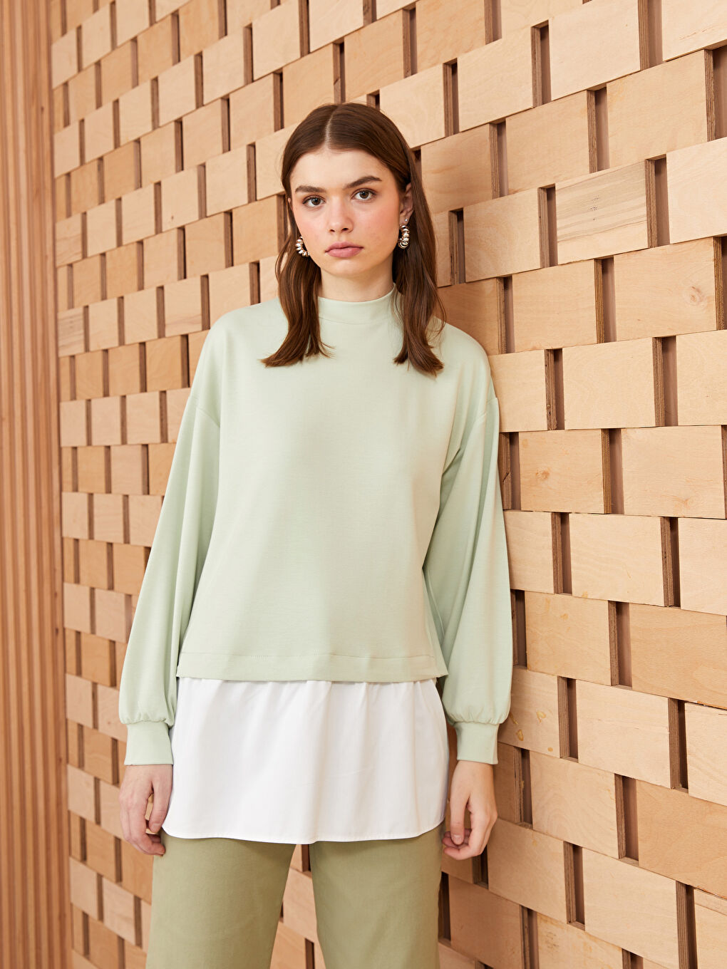 تونيك سويتشيرت كم طويل سادة بياقة دائرية للسيدات-1