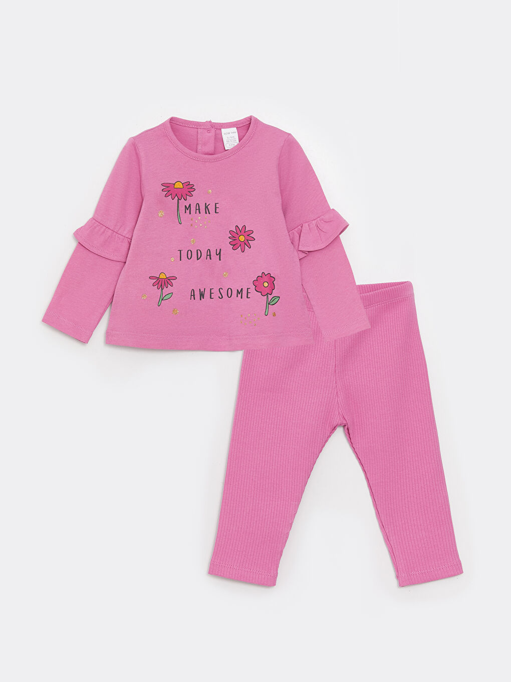 Pembe Bisiklet Yaka Baskılı Kız Bebek Bluz ve Tayt 2'li Takım