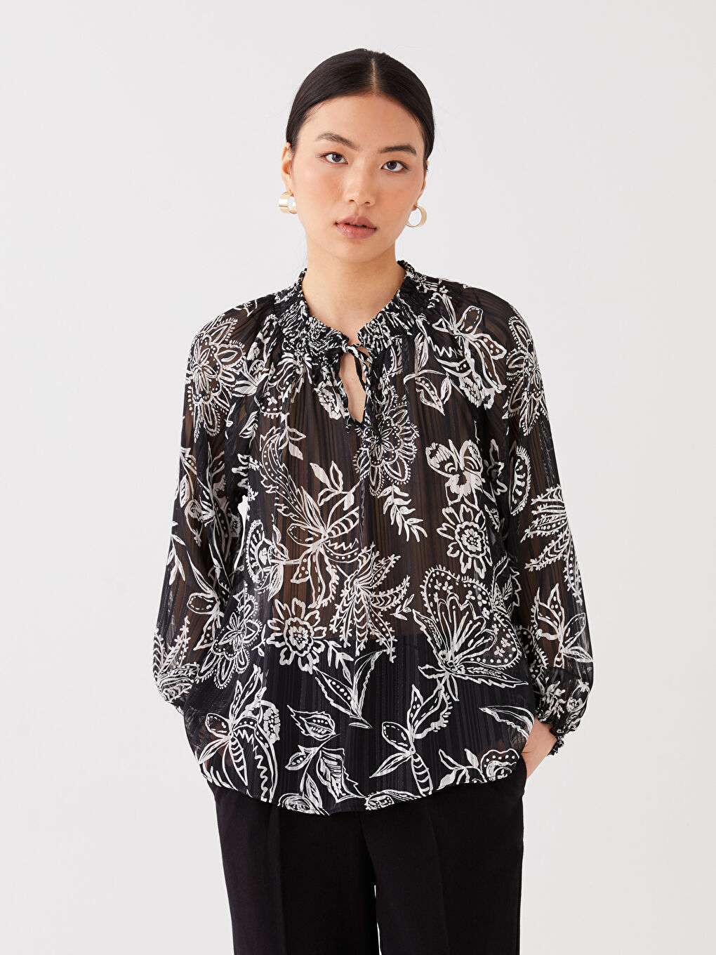 Tie Neck Patterned Long Sleeve Oversize Women's Blouse