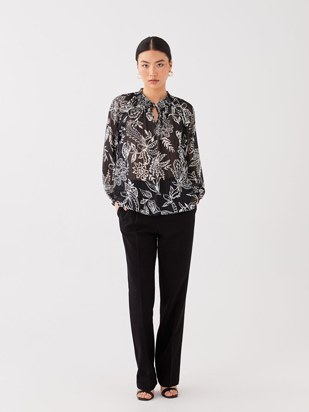Tie Neck Patterned Long Sleeve Oversize Women's Blouse-1