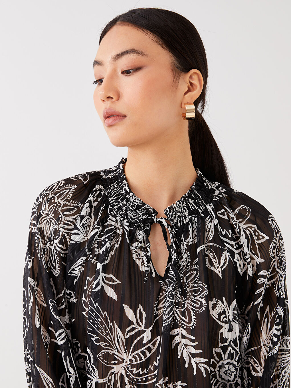 Tie Neck Patterned Long Sleeve Oversize Women's Blouse-2