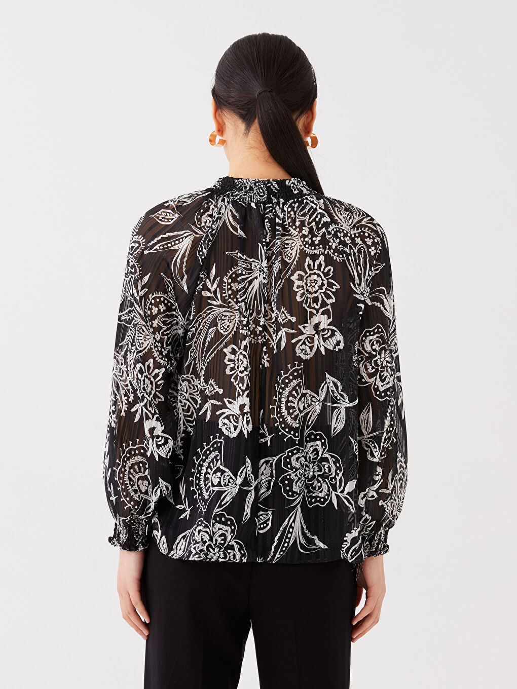 Tie Neck Patterned Long Sleeve Oversize Women's Blouse-3