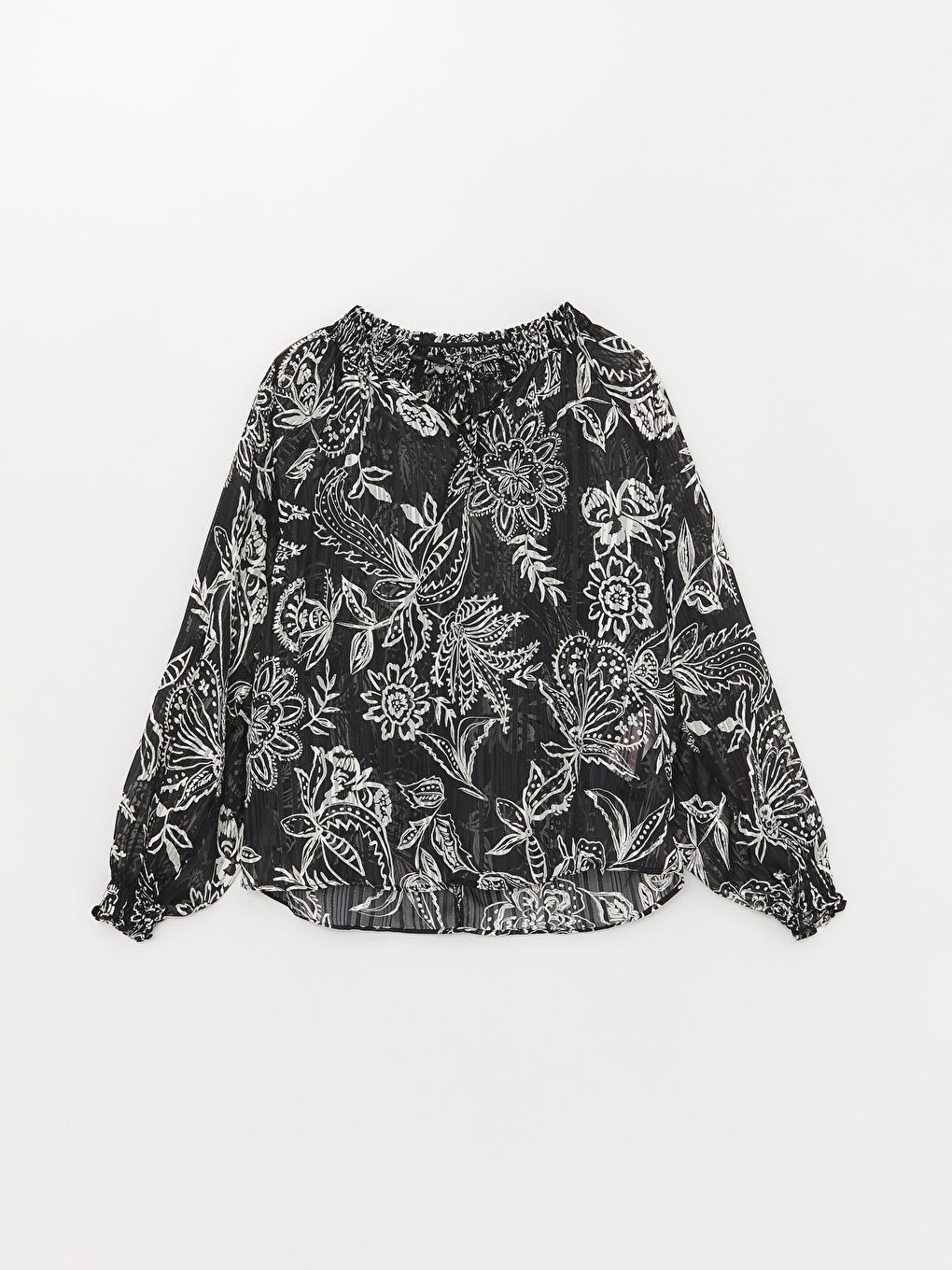 Tie Neck Patterned Long Sleeve Oversize Women's Blouse-4