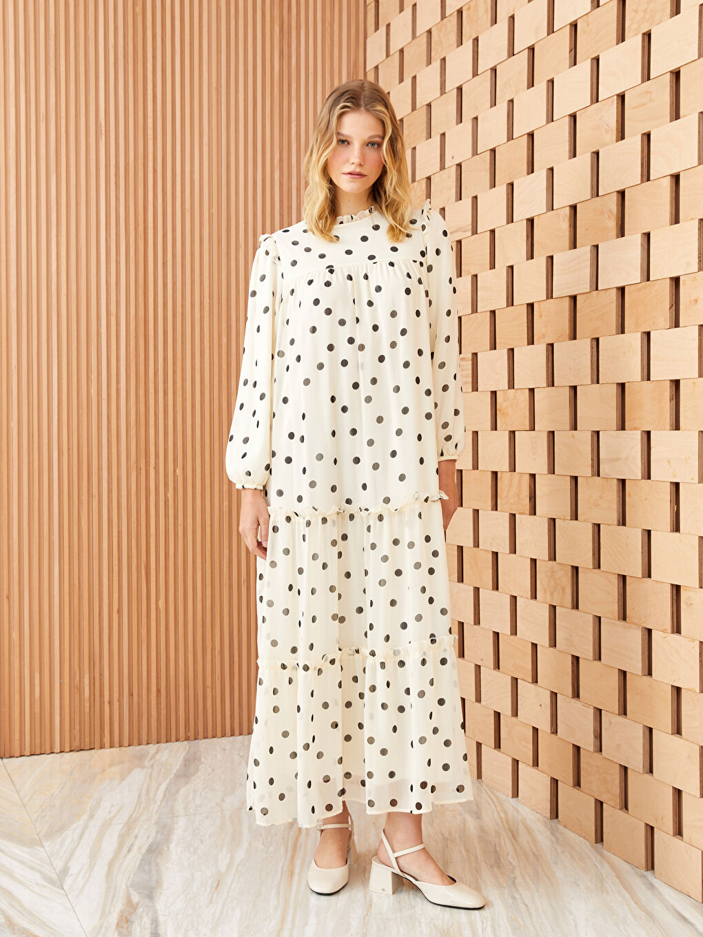 LCW Modest Frilly Stand Up Collar Polka Dot Long Sleeve Chiffon Women's Dress -S3IN24Z8-LRA