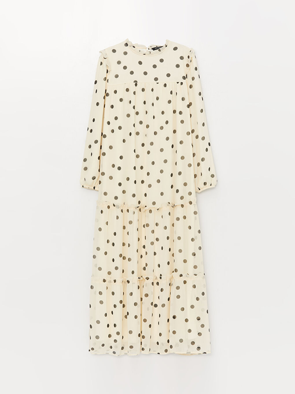 LCW Modest Frilly Stand Up Collar Polka Dot Long Sleeve Chiffon Women's Dress -S3IN24Z8-LRA