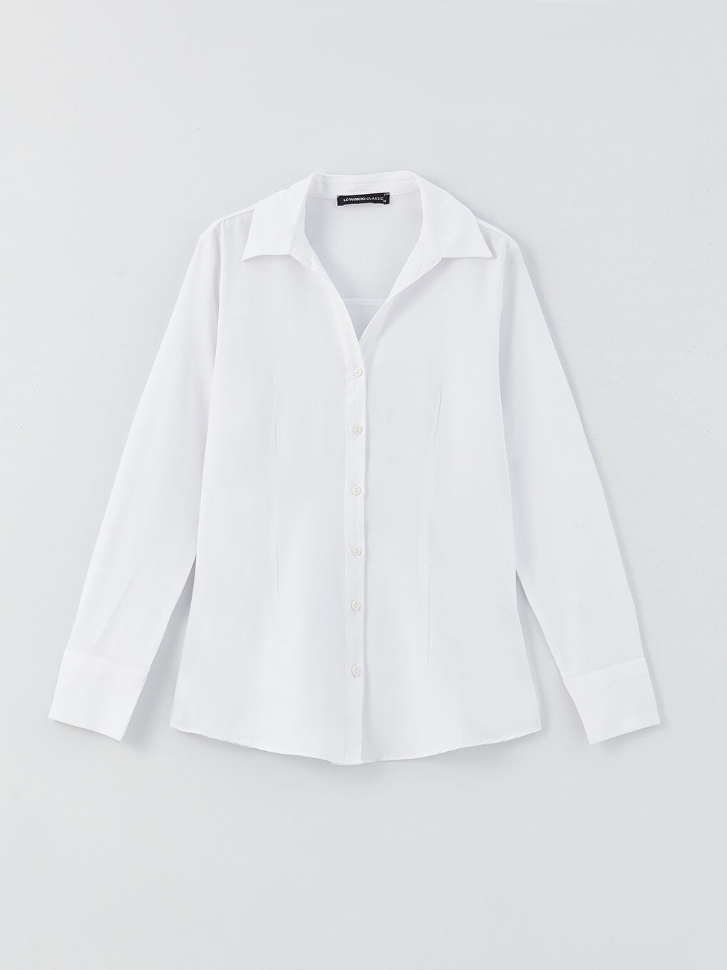 Beyaz Düz Uzun Kollu Kadın Gömlek-4