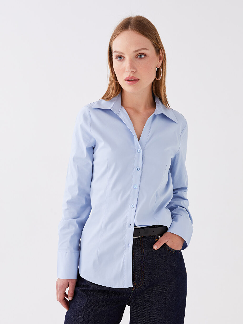 Mavi Düz Uzun Kollu Kadın Gömlek