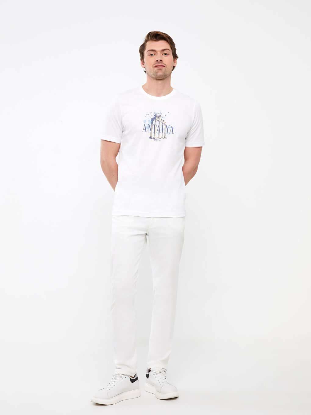 Beyaz Bisiklet Yaka Kısa Kollu Antalya Baskılı Penye Erkek Tişört-2