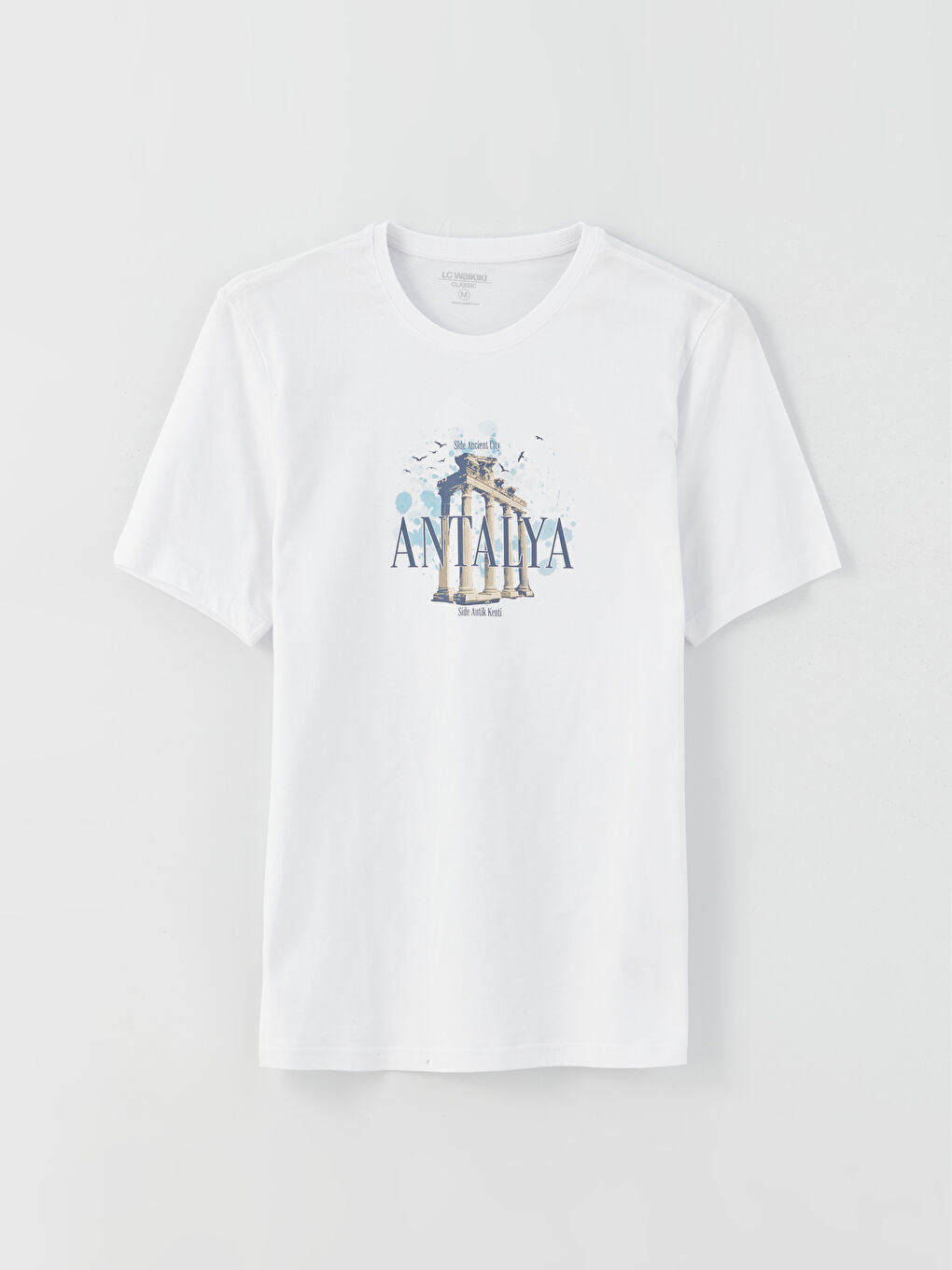 Beyaz Bisiklet Yaka Kısa Kollu Antalya Baskılı Penye Erkek Tişört-5
