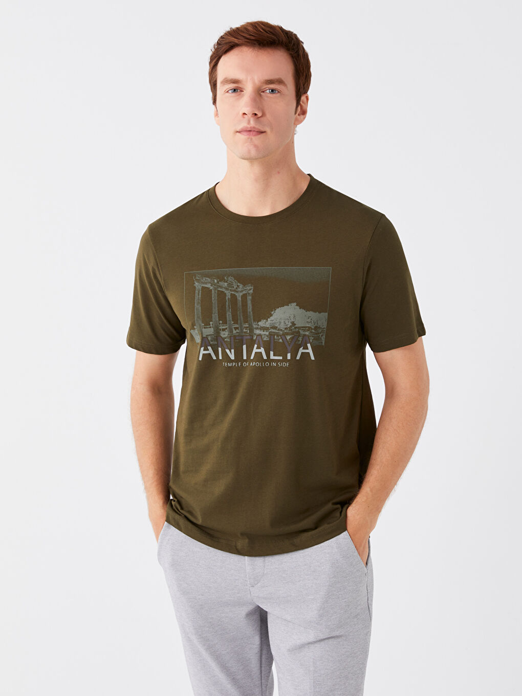 Haki Bisiklet Yaka Kısa Kollu Antalya Baskılı Penye Erkek Tişört