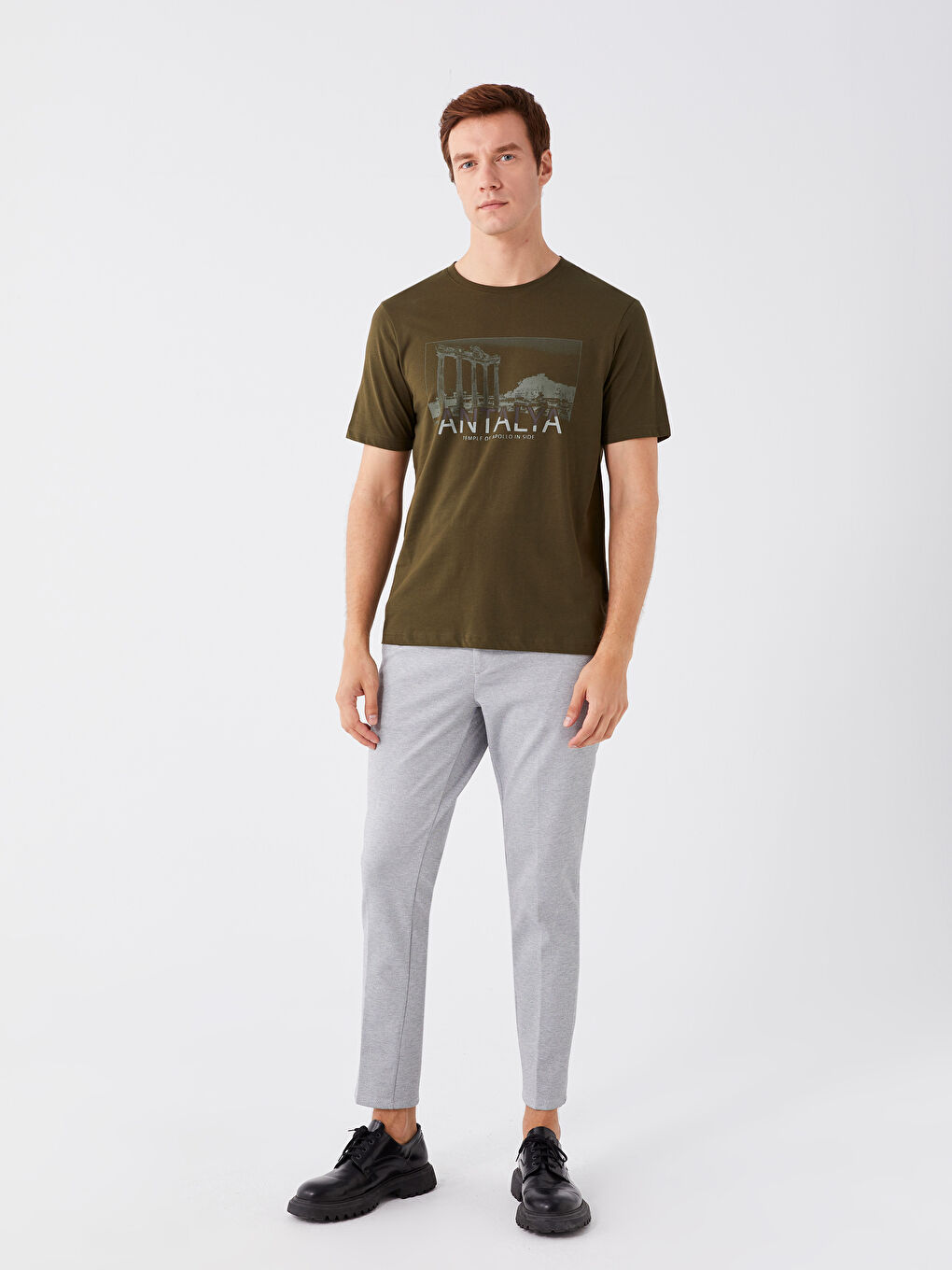 Haki Bisiklet Yaka Kısa Kollu Antalya Baskılı Penye Erkek Tişört-2