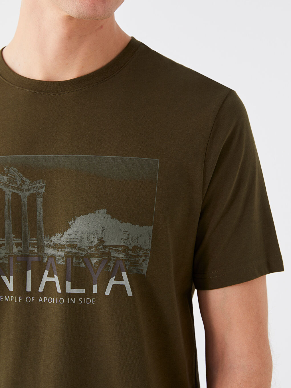 Haki Bisiklet Yaka Kısa Kollu Antalya Baskılı Penye Erkek Tişört-3