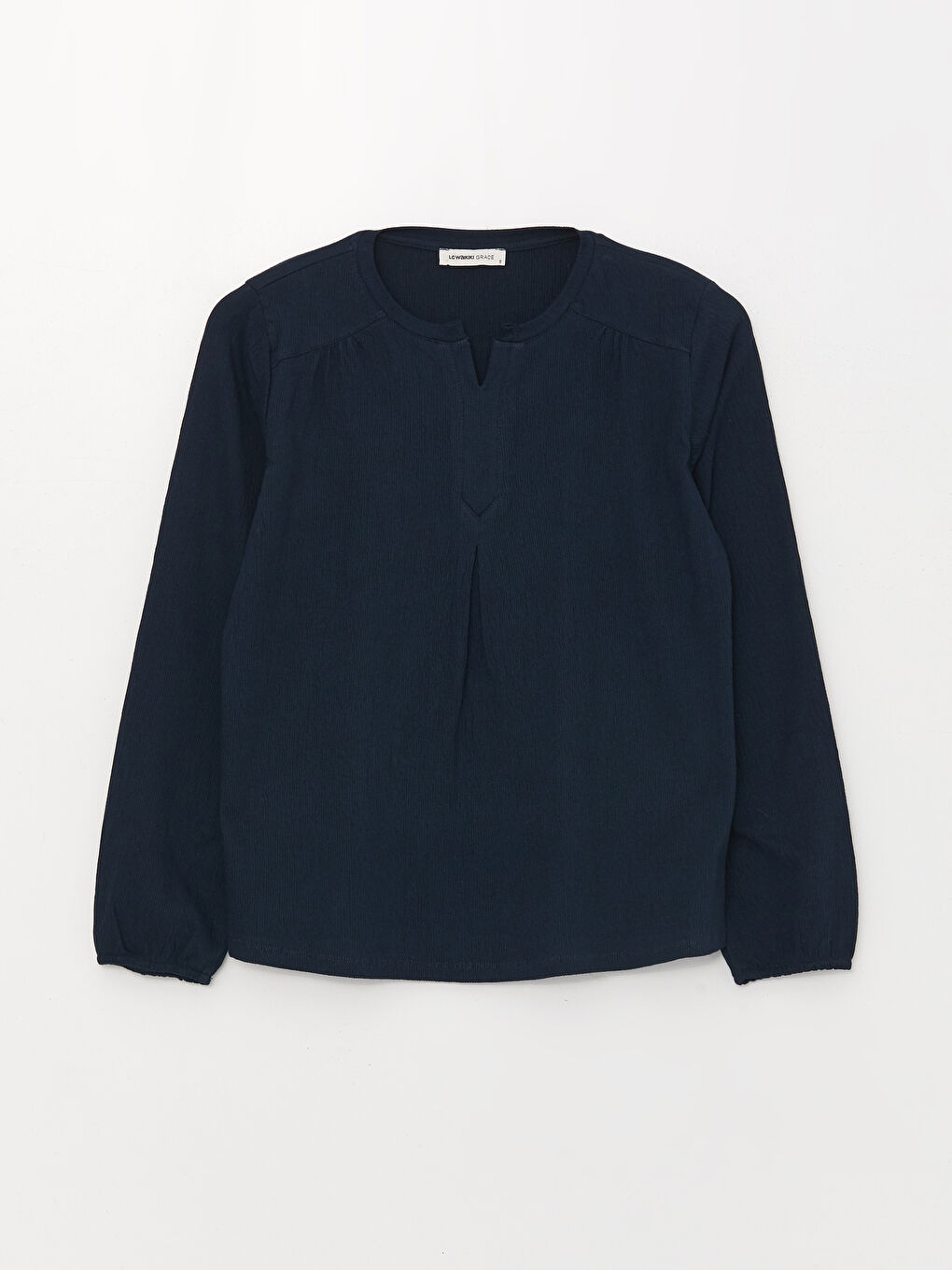 Lacivert Kaçık Yaka Düz Uzun Kollu Kadın Bluz-5