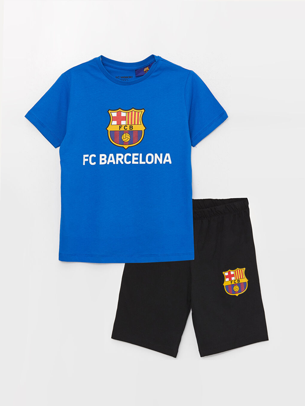 Mavi Bisiklet Yaka Barcelona Baskılı Kısa Kollu Erkek Çocuk Şortlu Pijama Takımı