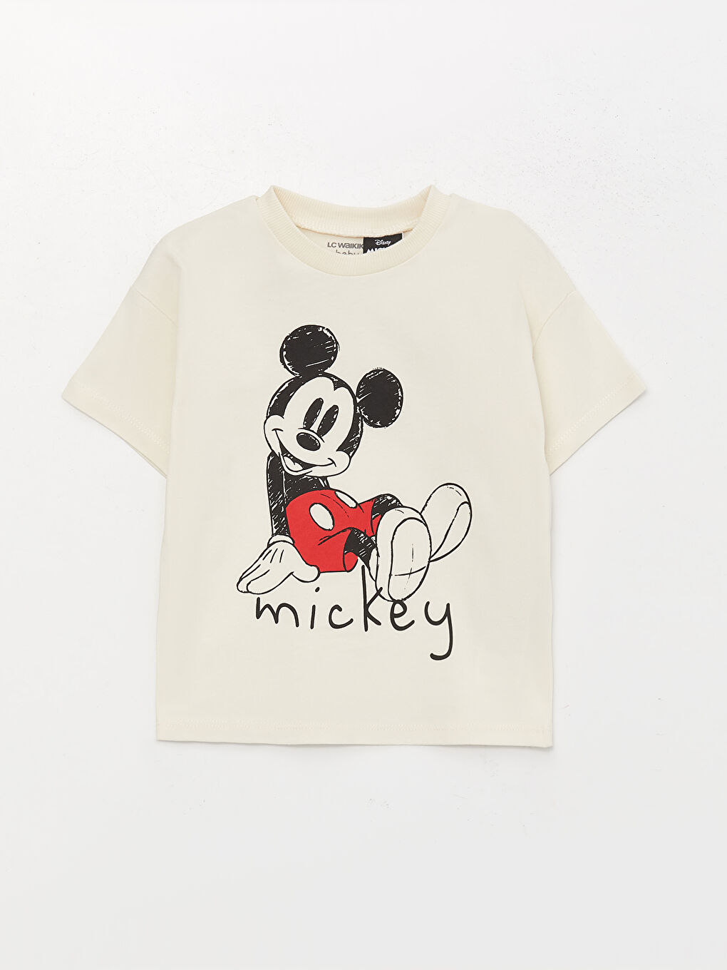 Bej Bisiklet Yaka Kısa Kollu Mickey Mouse Baskılı Erkek Bebek Tişört