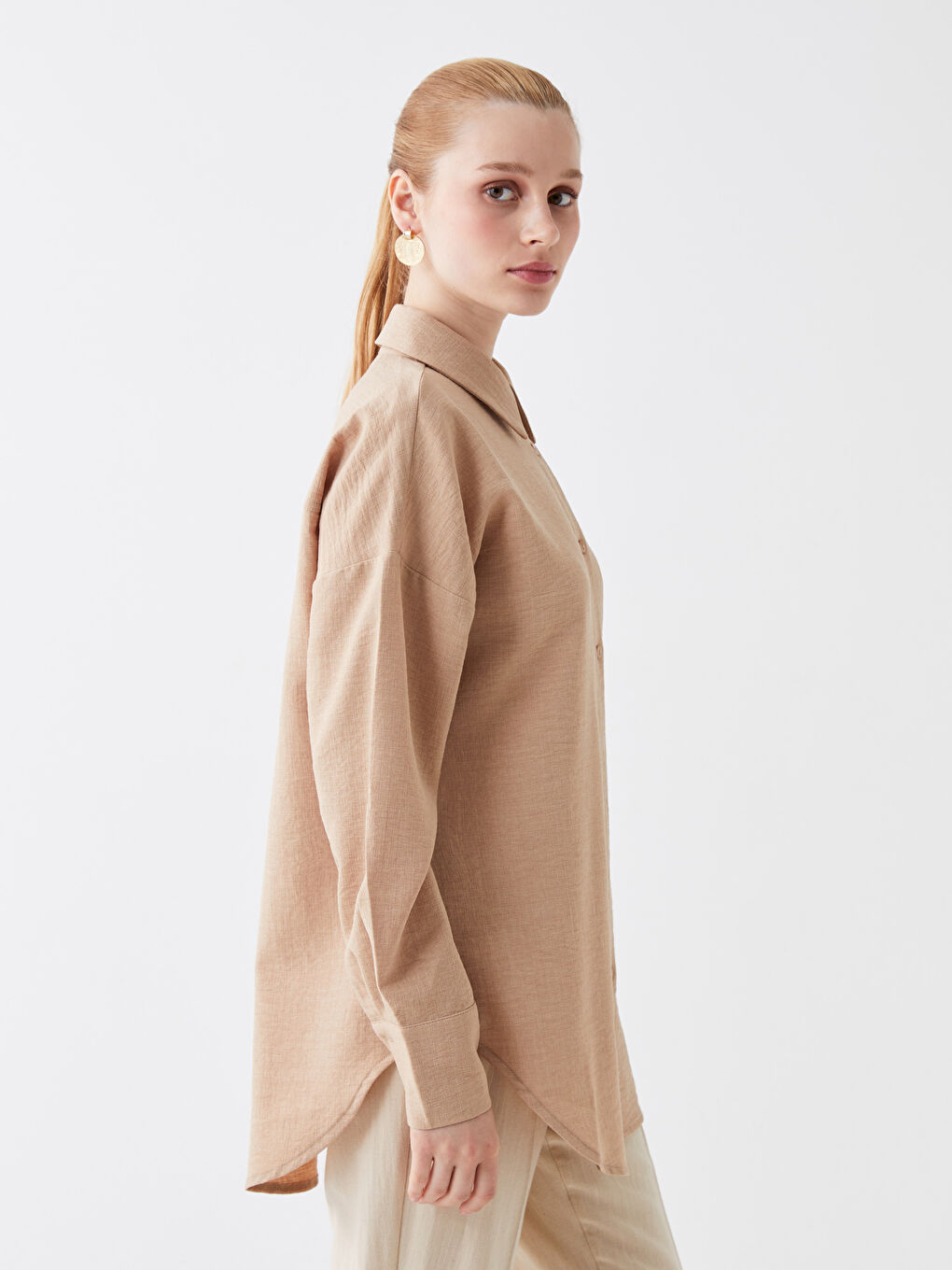 قميص تونيك سادة كم طويل أوفراسايز لمسة كتان للسيدات-1