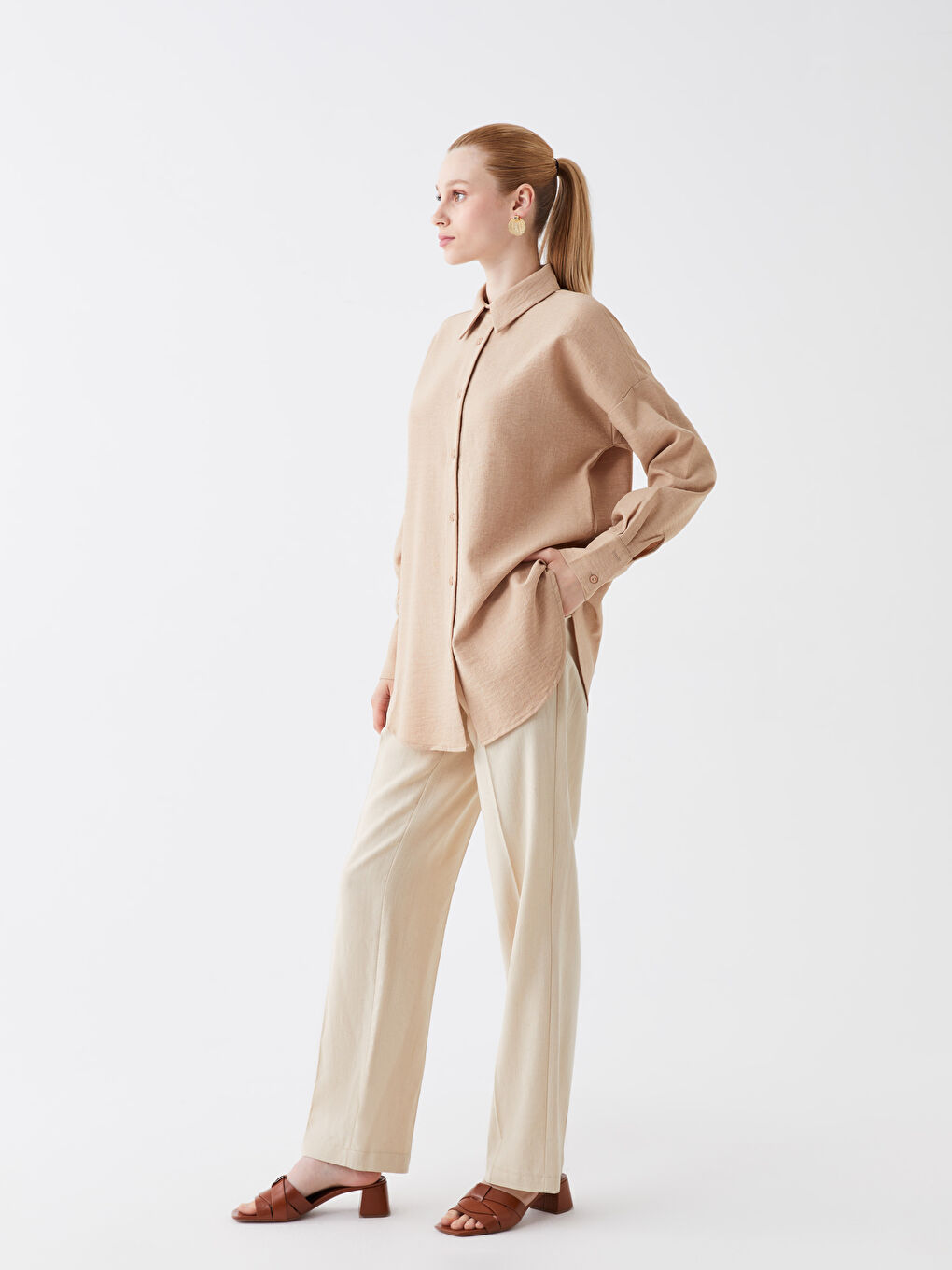 قميص تونيك سادة كم طويل أوفراسايز لمسة كتان للسيدات-2