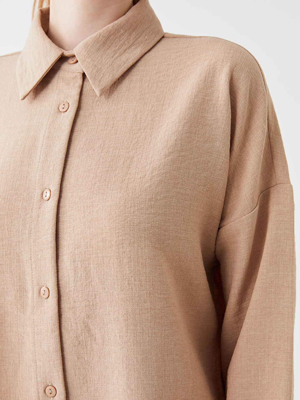 قميص تونيك سادة كم طويل أوفراسايز لمسة كتان للسيدات-3