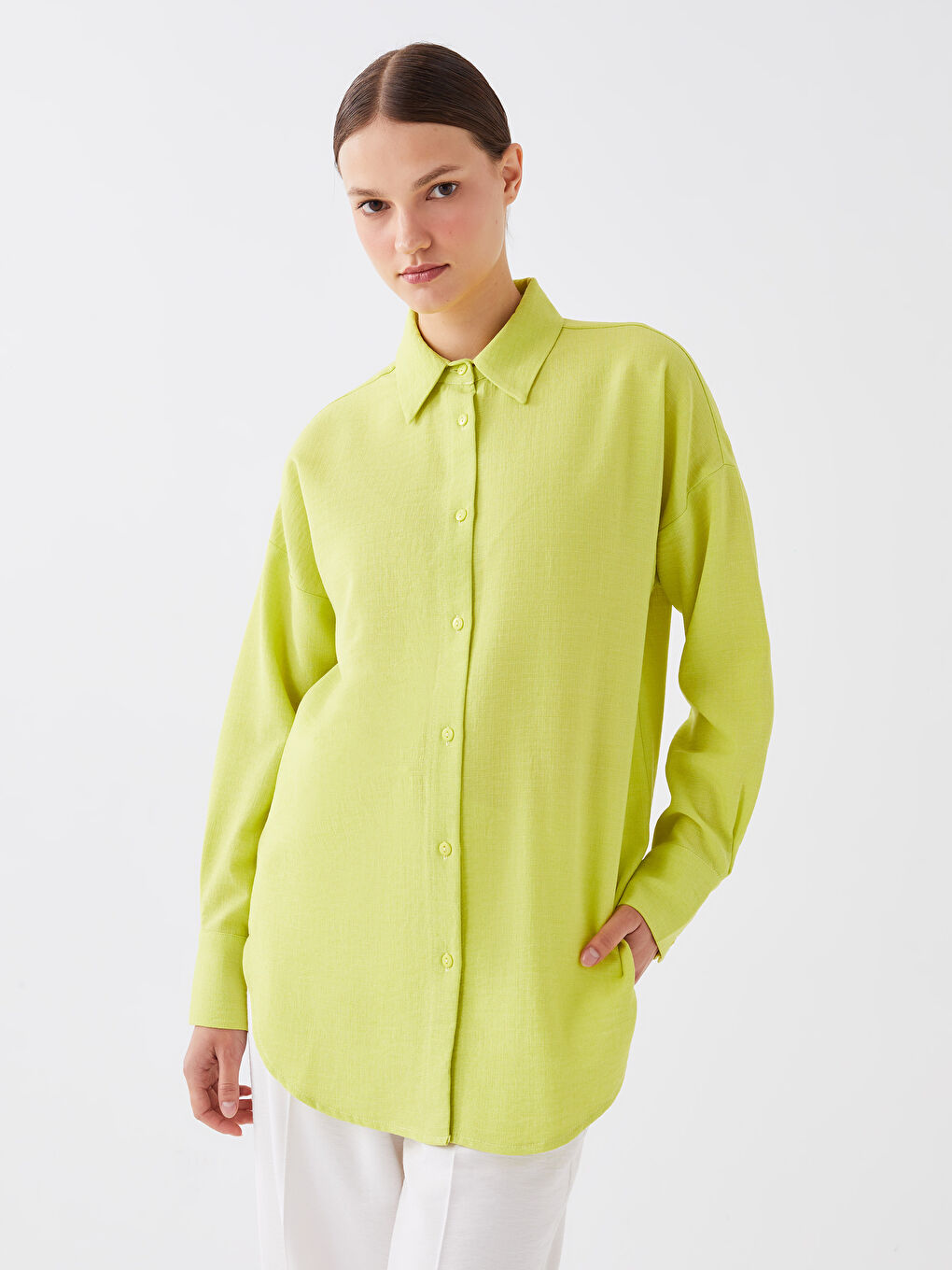 قميص تونيك سادة كم طويل أوفراسايز لمسة كتان للسيدات-1