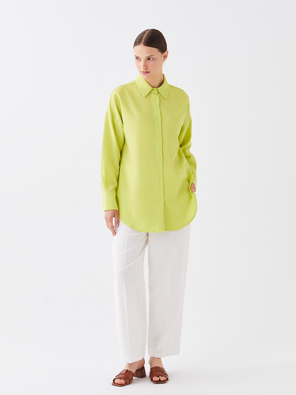 قميص تونيك سادة كم طويل أوفراسايز لمسة كتان للسيدات-2