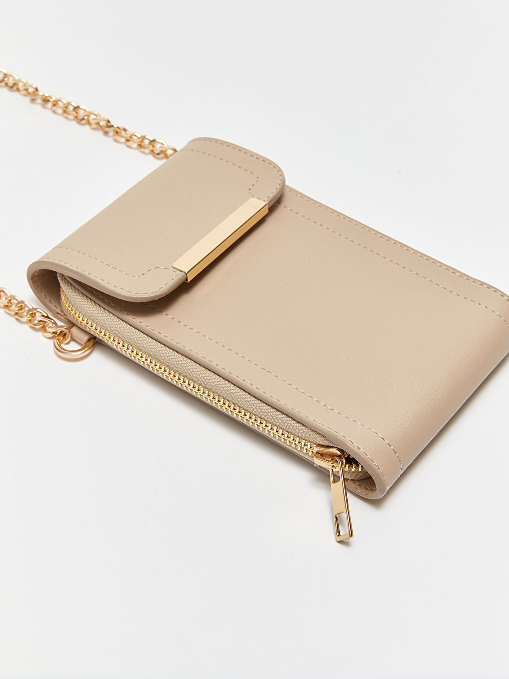 Ekru Deri Görünümlü Kadın Telefon Çantası-3