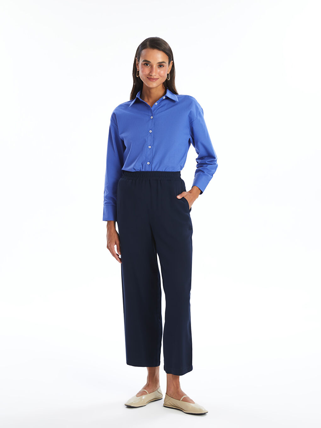 Elasticated Waist Plain Wide Leg Women's Trousers