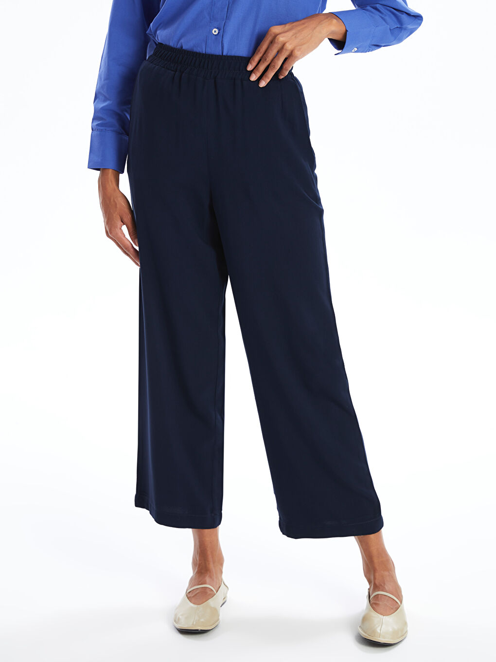 Elasticated Waist Plain Wide Leg Women's Trousers-1