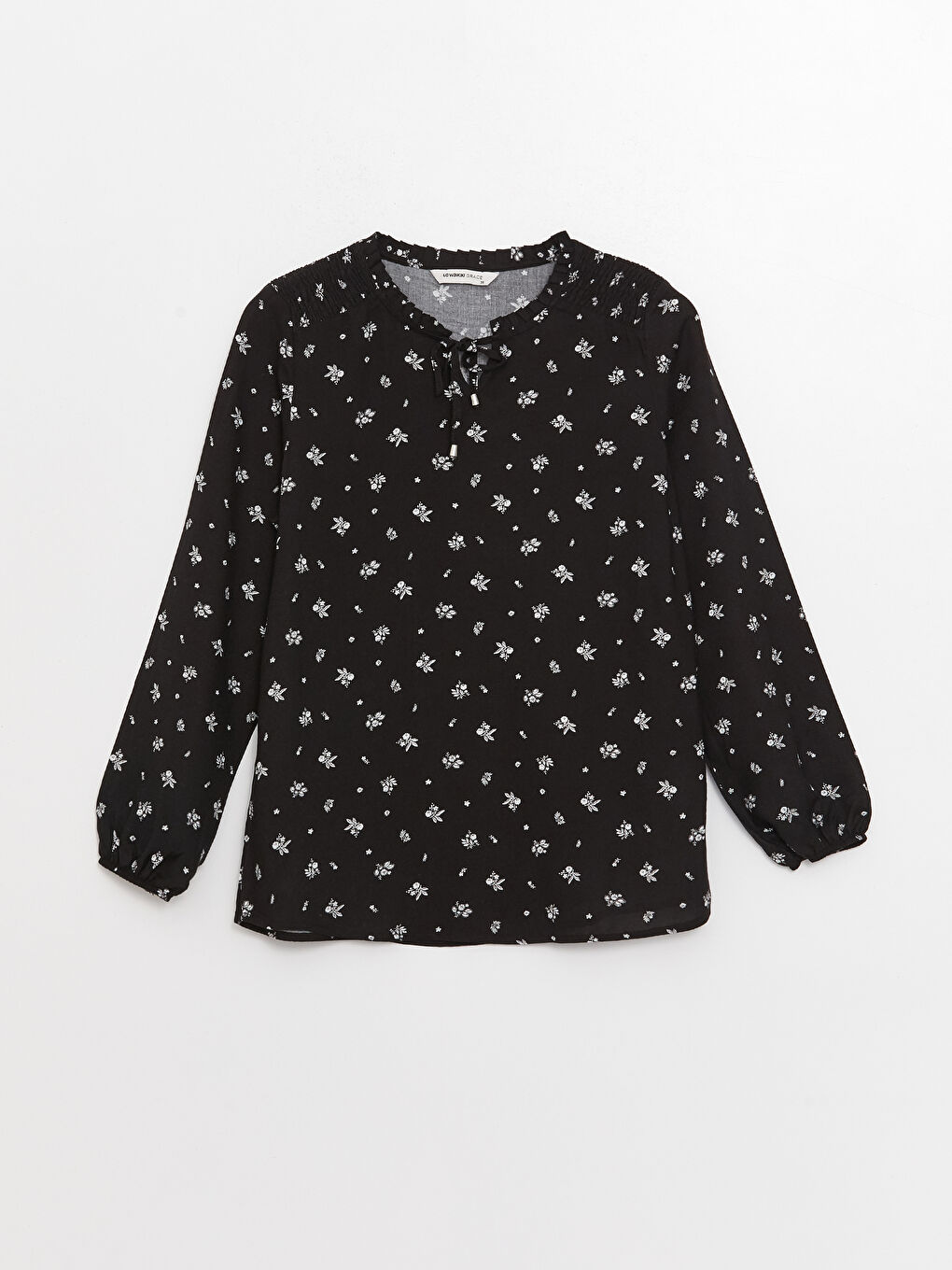 بلوزة نسائية بوبلين كم طويل مطبوع بياقة مربوطة-5