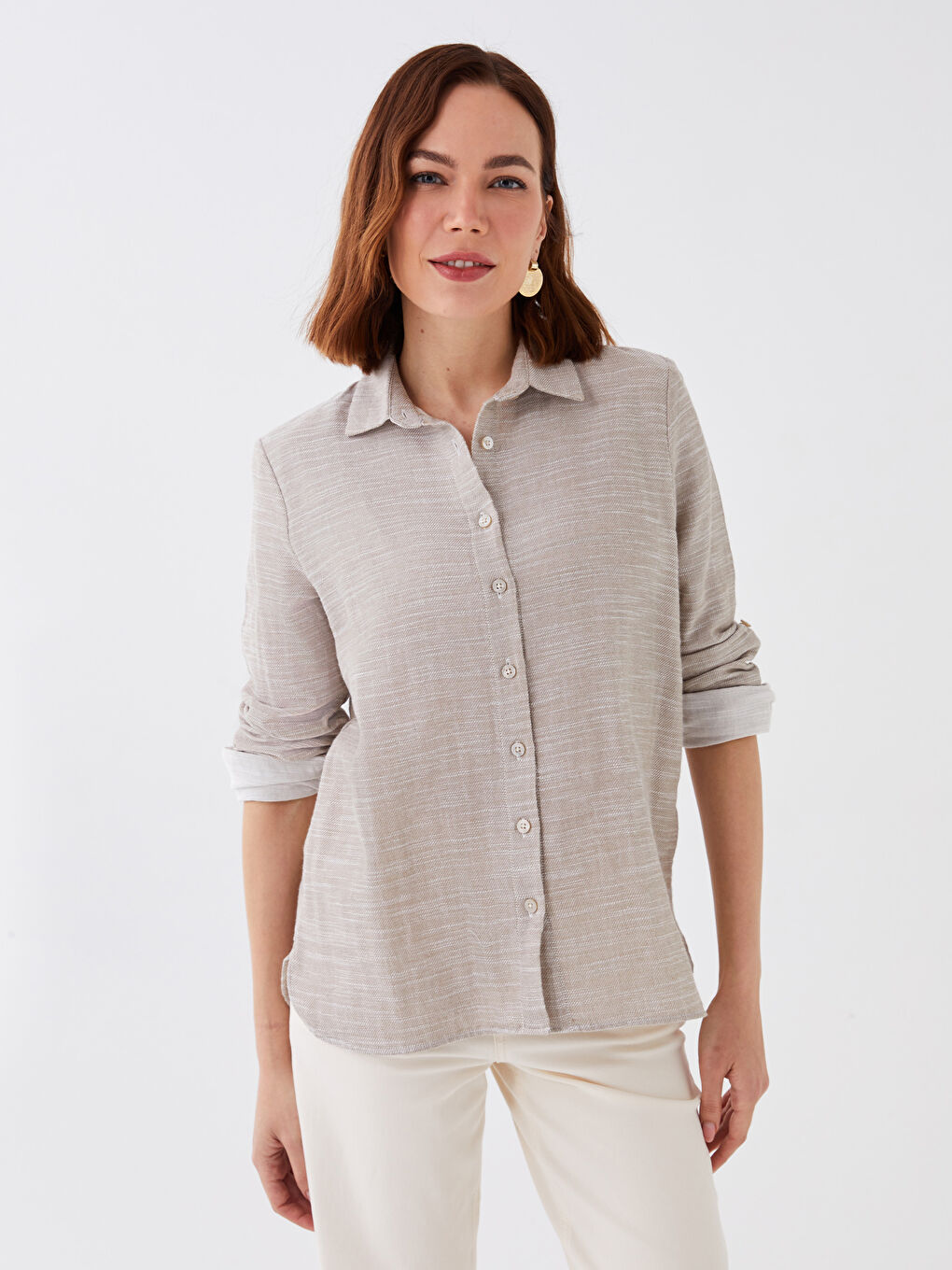 Bej Desenli Uzun Kollu Kadın Gömlek