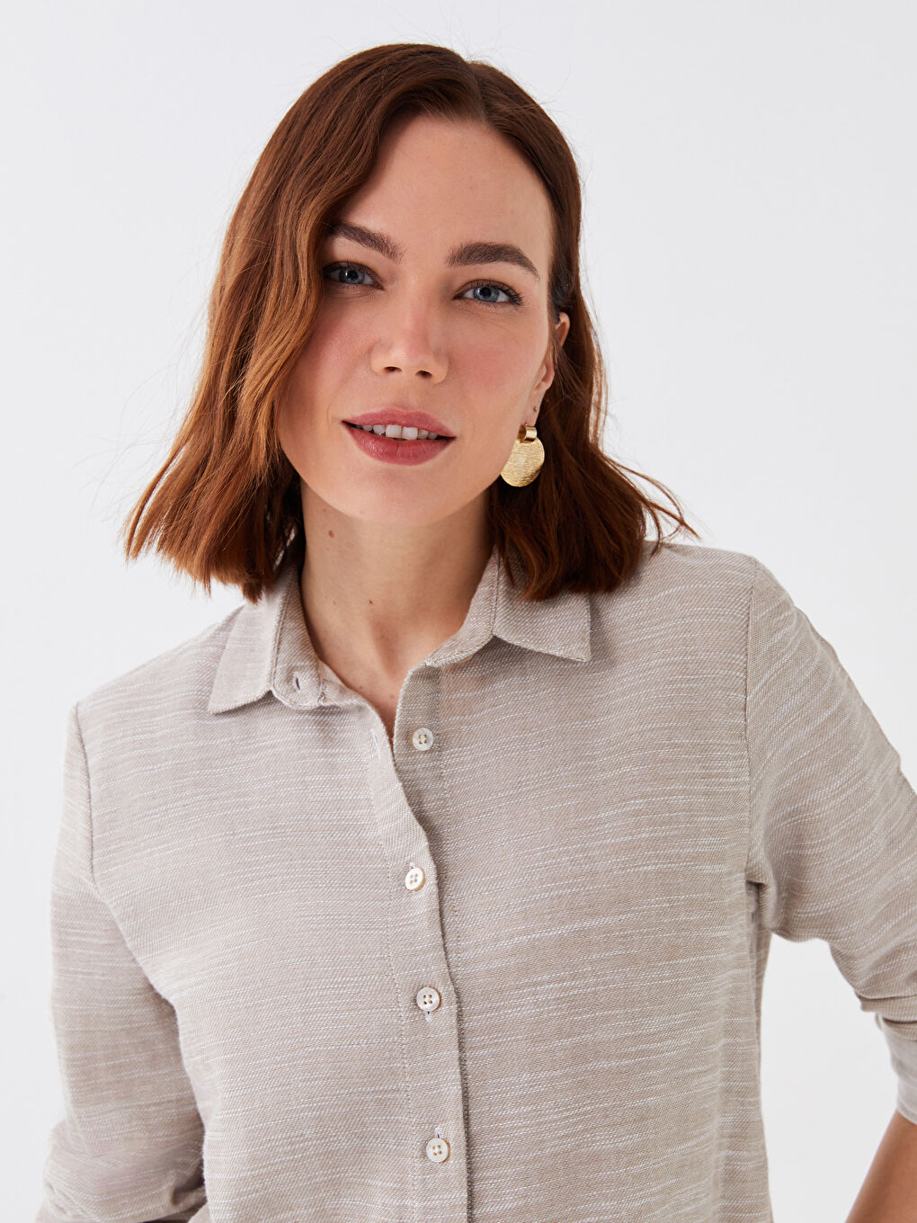 Bej Desenli Uzun Kollu Kadın Gömlek-1