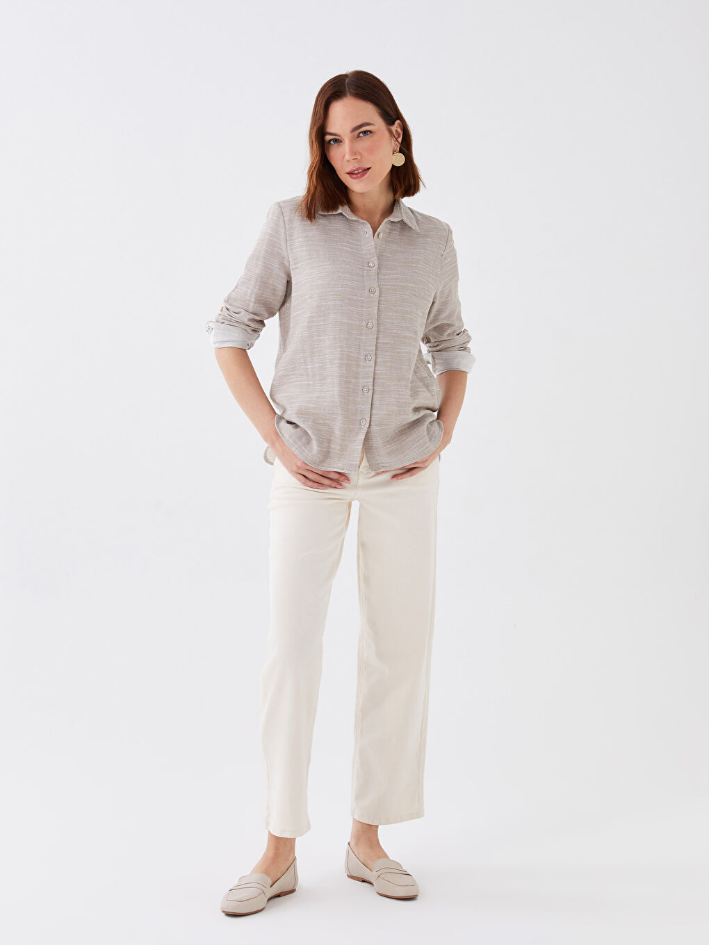 Bej Desenli Uzun Kollu Kadın Gömlek-2