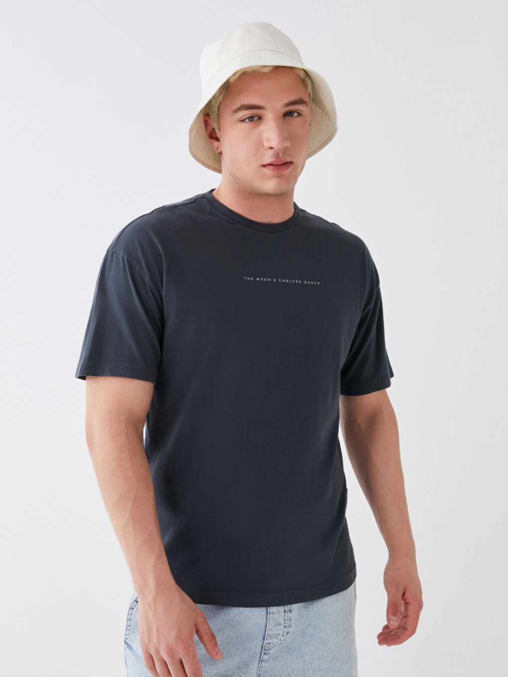 Antrasit Bisiklet Yaka Kısa Kollu Baskılı Penye Erkek Tişört-1