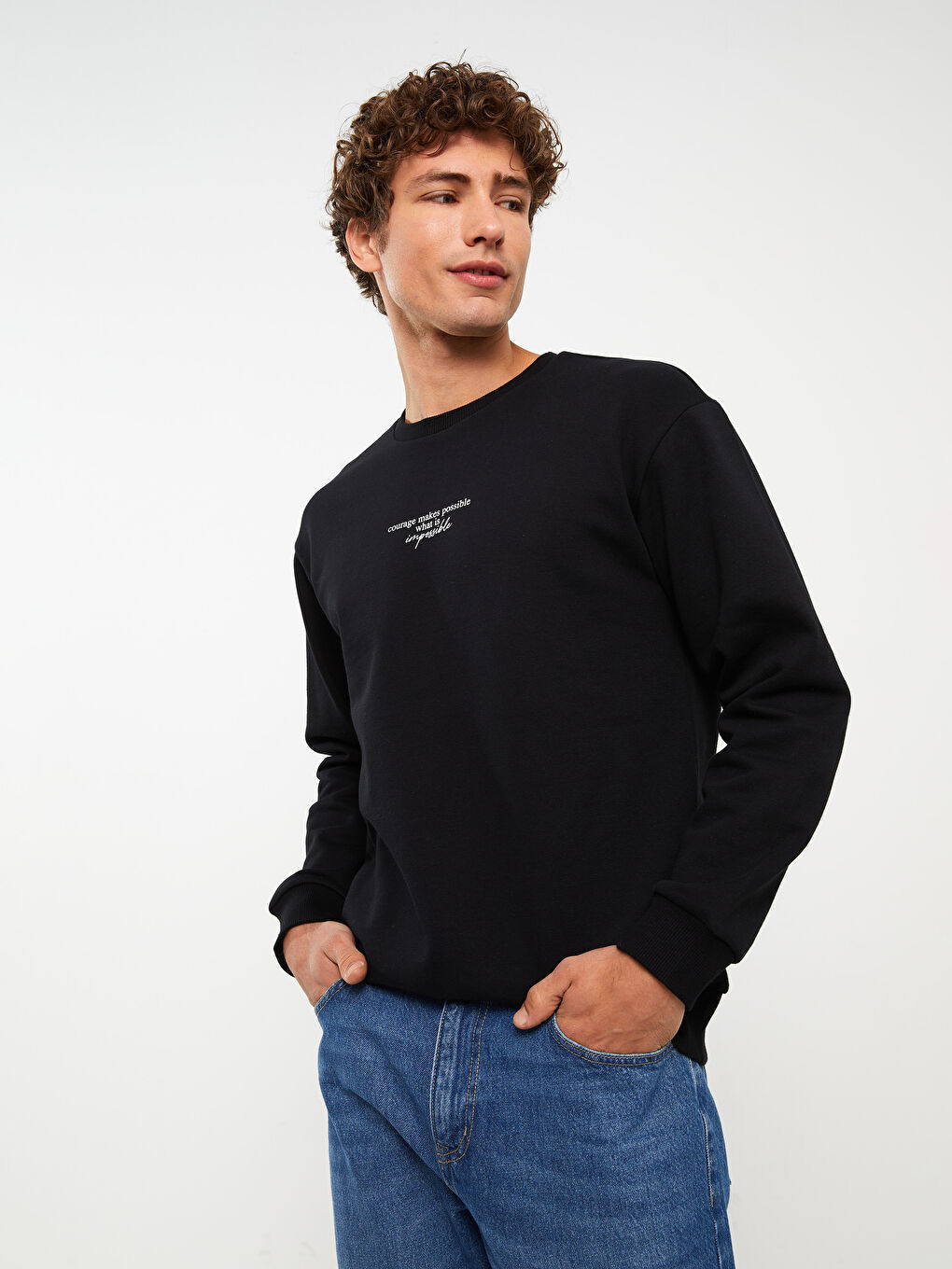 Siyah Bisiklet Yaka Baskılı Erkek Kalın Sweatshirt