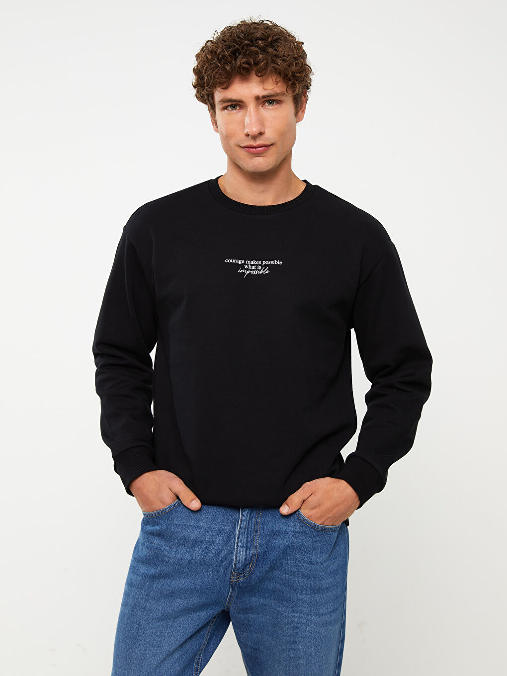 Siyah Bisiklet Yaka Baskılı Erkek Kalın Sweatshirt-1