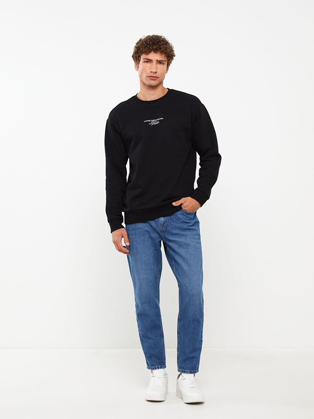 Siyah Bisiklet Yaka Baskılı Erkek Kalın Sweatshirt-2