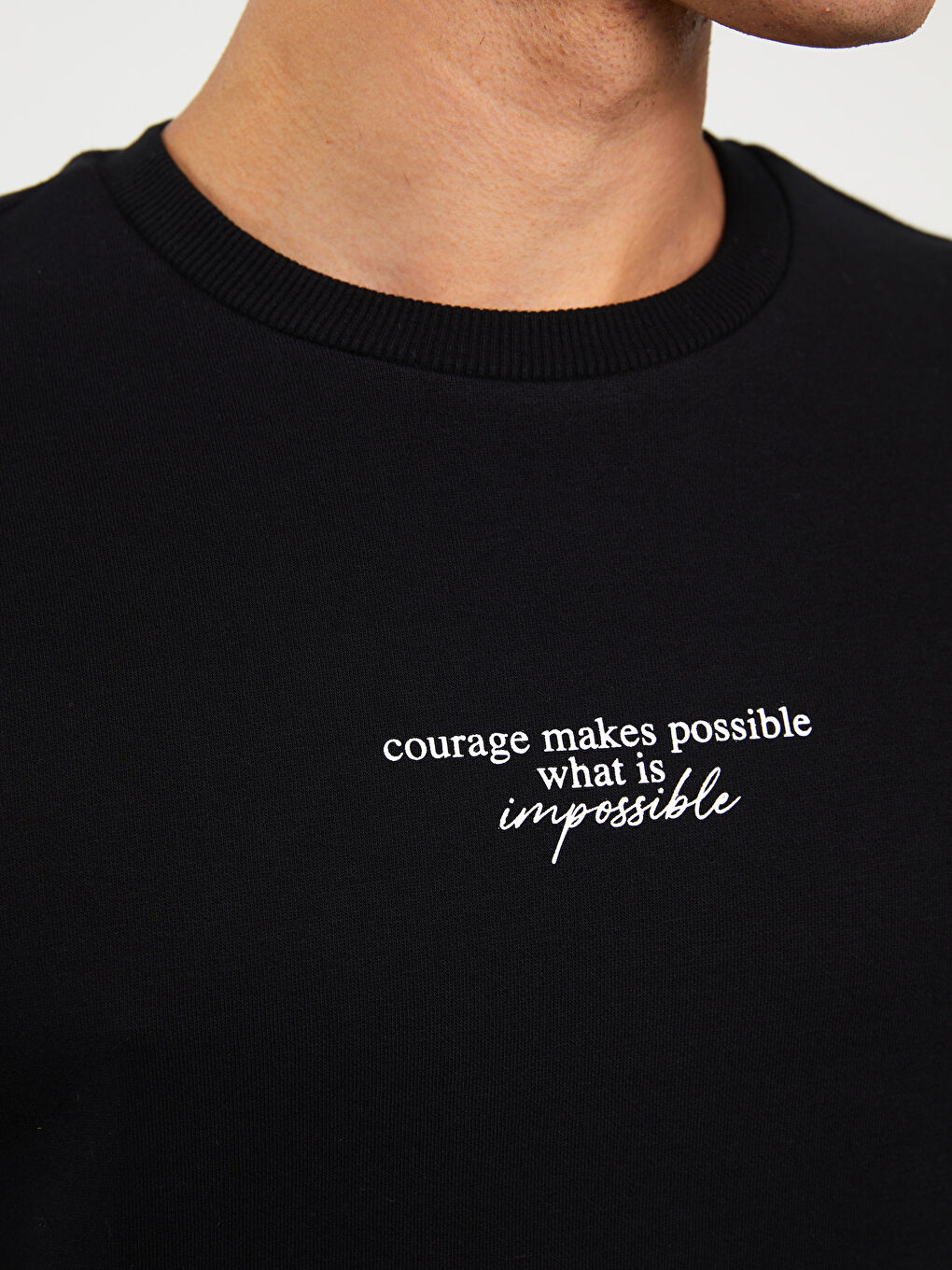 Siyah Bisiklet Yaka Baskılı Erkek Kalın Sweatshirt-3