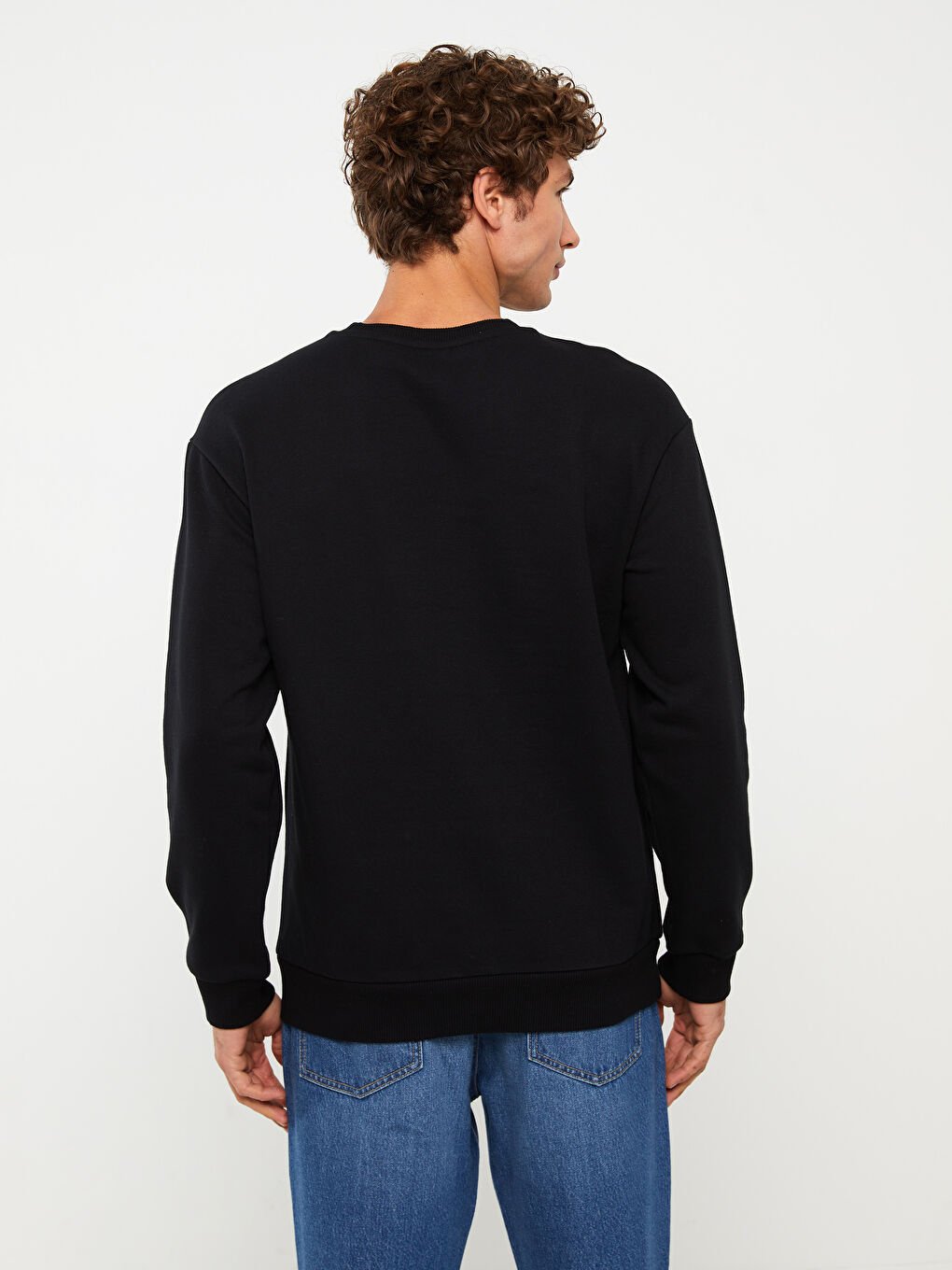 Siyah Bisiklet Yaka Baskılı Erkek Kalın Sweatshirt-4