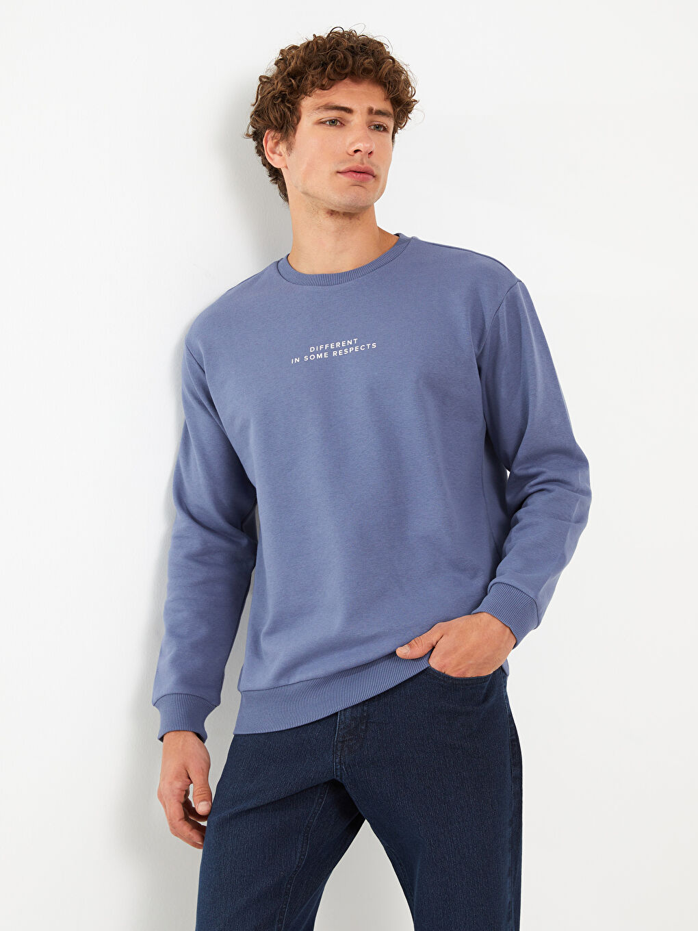 İndigo Bisiklet Yaka Baskılı Erkek Kalın Sweatshirt