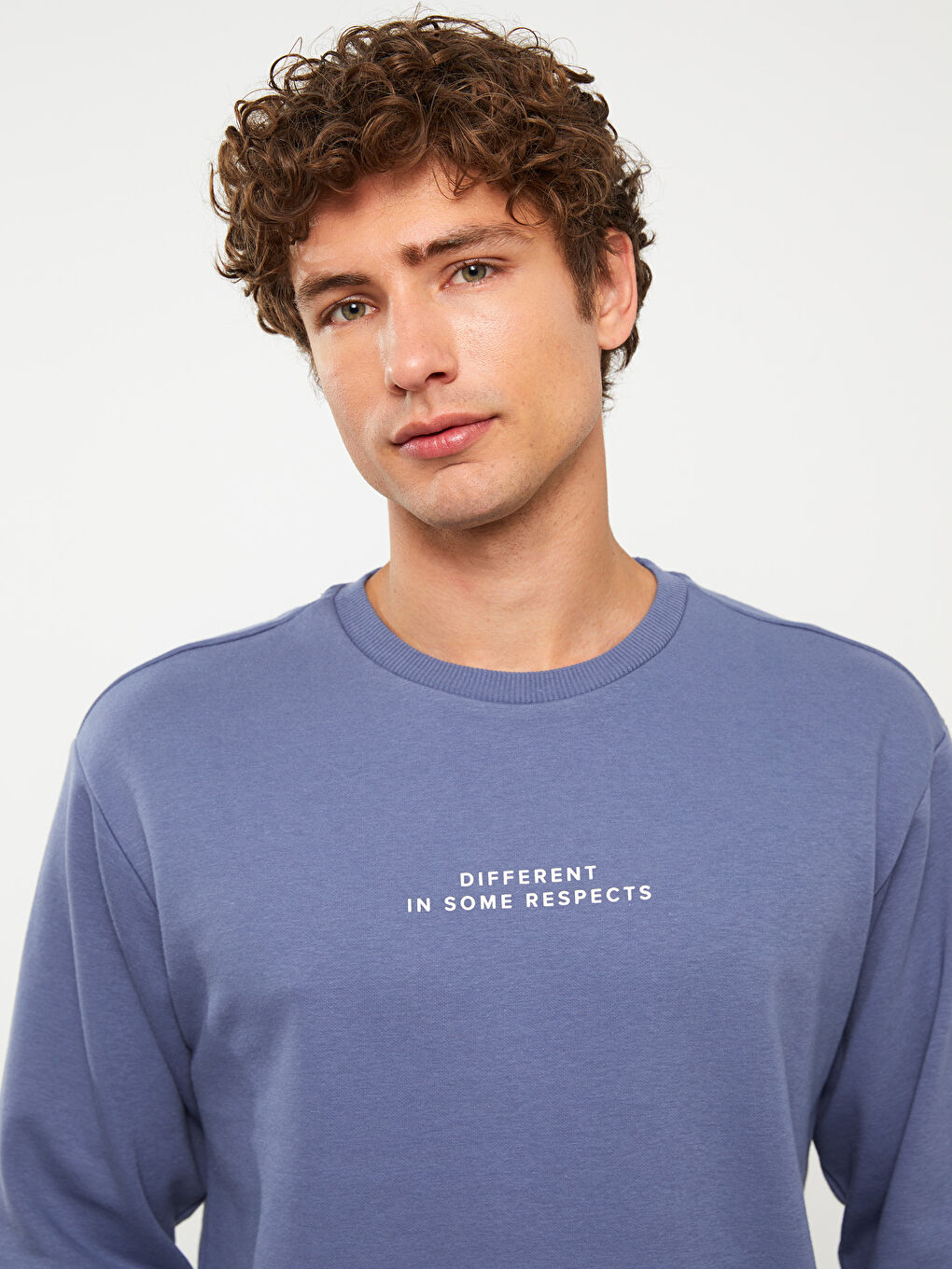 İndigo Bisiklet Yaka Baskılı Erkek Kalın Sweatshirt-1